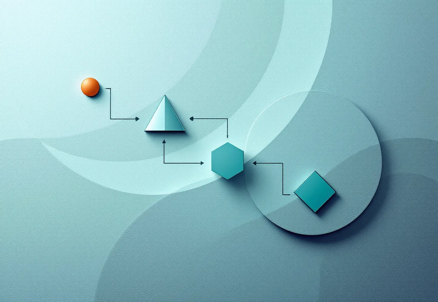 Flat vector signaling cascade from copper circle through teal triangle to open diamond to patina square representing GHK-Cu downstream signaling