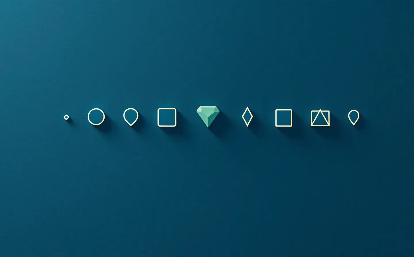 Flat vector row of six geometric forms representing routes of administration with the first form filled in patina