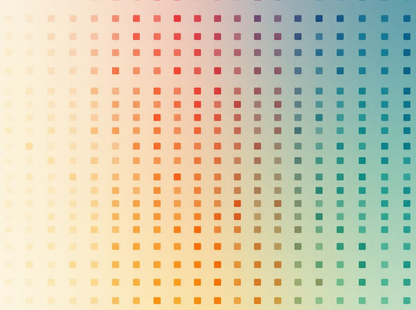 Flat vector 8x6 grid of small colored squares in teal, copper, neutral, and patina representing modulated gene expression on cool oxide-paper